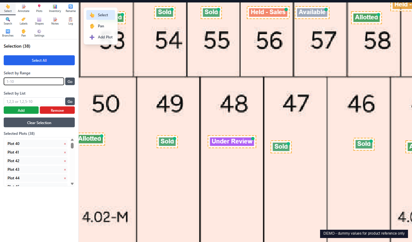 Sidebar showing 38 plots selected by range 40-77 with selected plots list