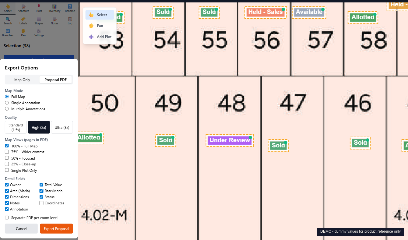 Proposal PDF export configurator with Map Mode, Quality, Map Views (pages to PDF), and Detail Fields options