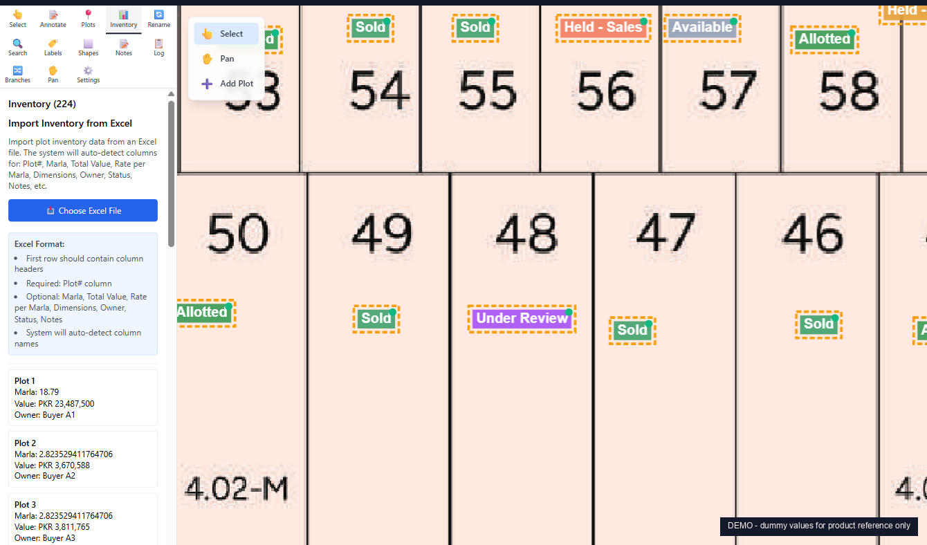 Excel inventory import panel showing format spec and 3 sample rows with marla, value, owner